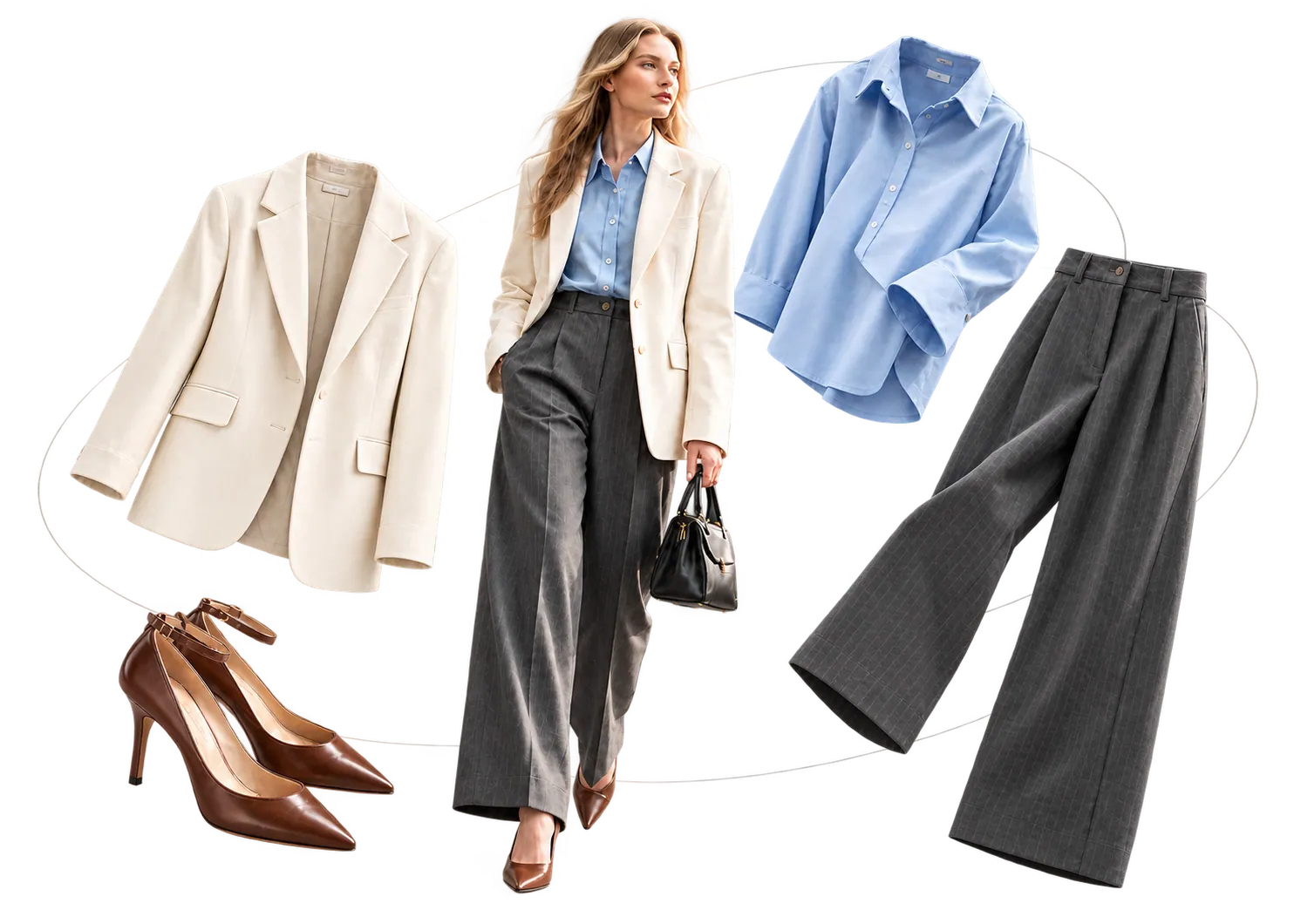 Outfit: cream blazer, blue shirt, grey pinstripe trousers and brown heels, with the same items shown separately